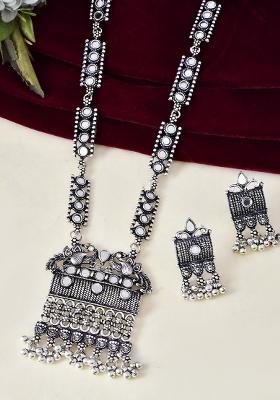 Oxidized Silver Plated Stone Studded Beaded Long Jewellery Set