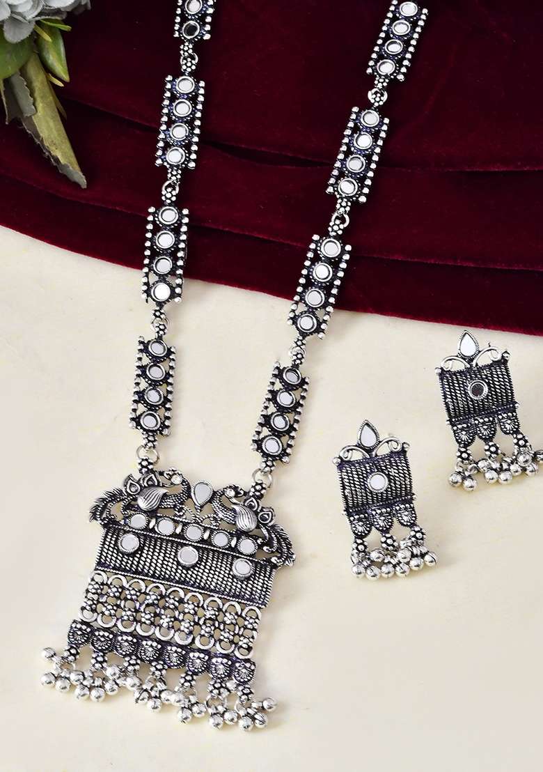 Oxidized Silver Plated Stone Studded Beaded Long Jewellery Set - Indya