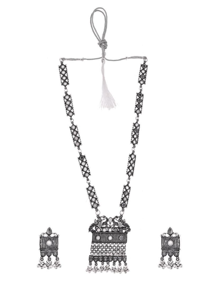 Oxidized Silver Plated Stone Studded Beaded Long Jewellery Set