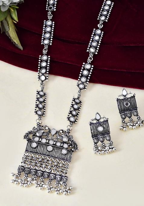 Oxidized Silver Plated Stone Studded Beaded Long Jewellery Set