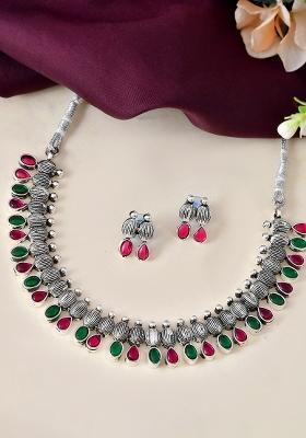 Oxidized Silver Toned Green And Pink Stone Studded Jewellery Set