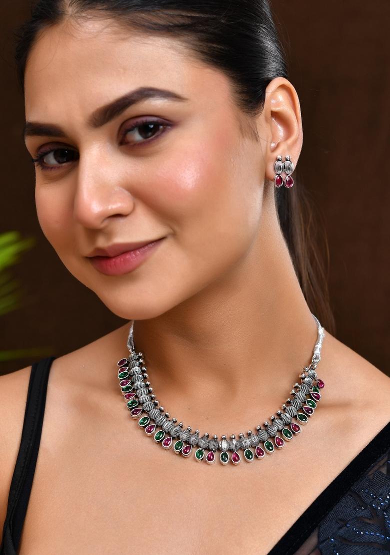 Oxidized Silver Toned Green And Pink Stone Studded Jewellery Set