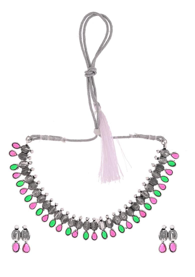 Oxidized Silver Toned Green And Pink Stone Studded Jewellery Set