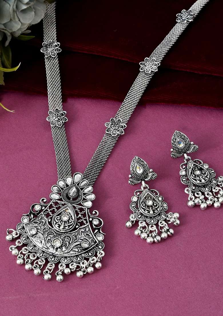 Oxidized Silver Plated Artificial Beaded Long Jewellery Set - Indya