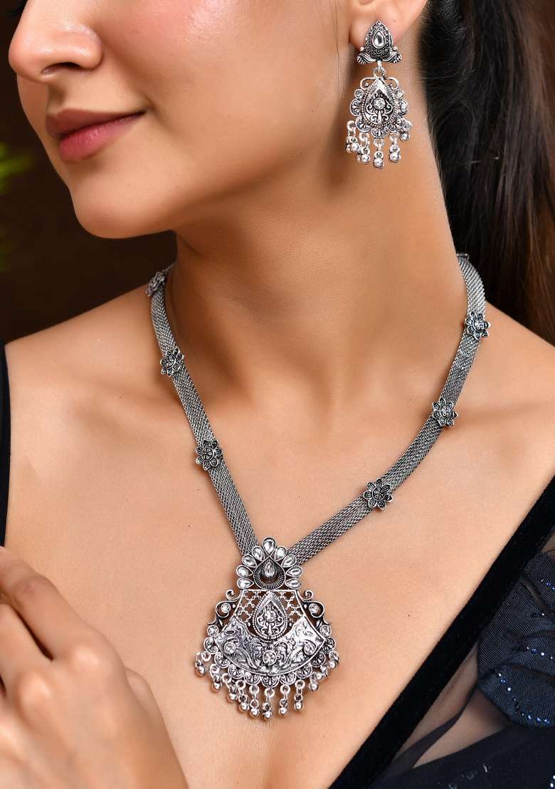 Oxidized Silver Plated Artificial Beaded Long Jewellery Set - Indya