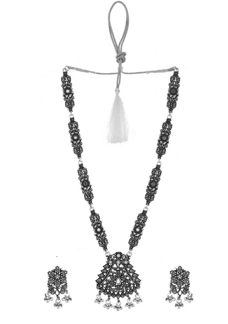Oxidized Silver Plated Artificial Stone And Beaded Long Jewellery Set