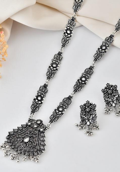 Oxidized Silver Plated Artificial Stone And Beaded Long Jewellery Set