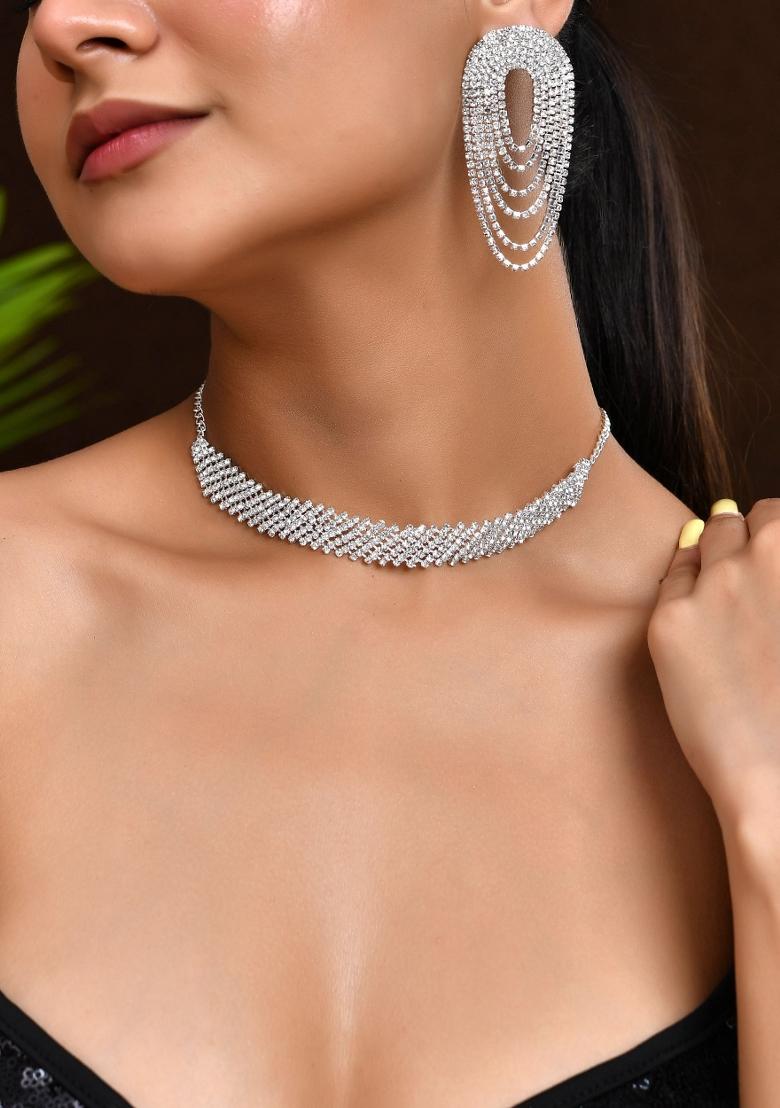 Silver Plated Cubic Stone Studded Jewellery Set