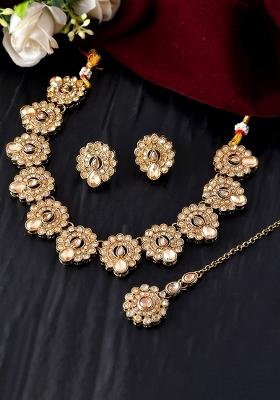Copper Plated Stone Studded Circular Shaped Jewellery Set With Maang Tikka