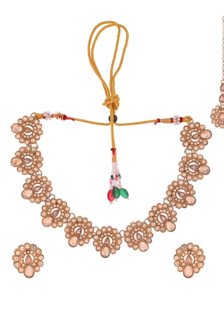 Copper Plated Stone Studded Circular Shaped Jewellery Set With Maang Tikka