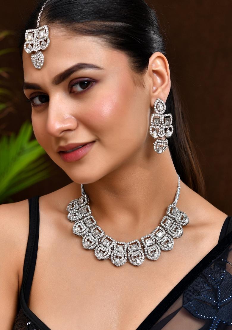 Silver Plated American Diamond Studded Jewellery Set