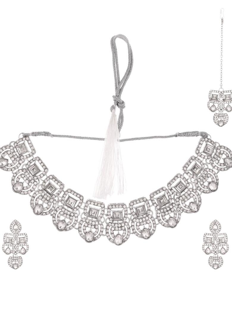 Silver Plated American Diamond Studded Jewellery Set