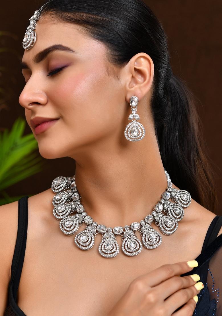 Silver Plated Cz Studded Jewellery Set With Maang Tikka