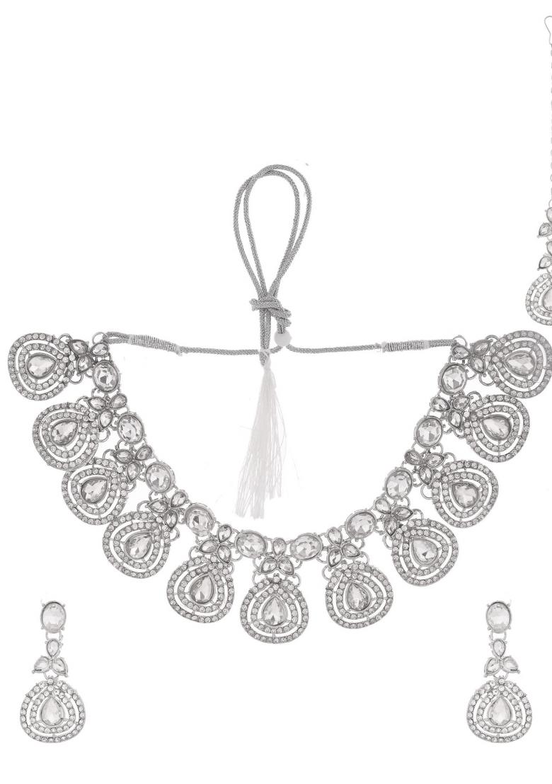 Silver Plated Cz Studded Jewellery Set With Maang Tikka