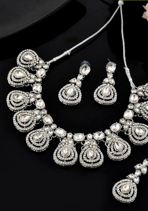 Silver Plated Cz Studded Jewellery Set With Maang Tikka