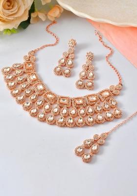 Rose Gold Plated Cz Studded Jewellery Set With Maang Tikka