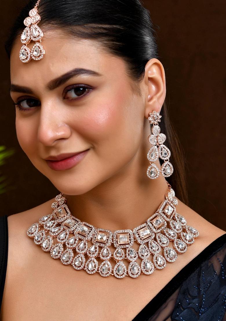 Rose Gold Plated Cz Studded Jewellery Set With Maang Tikka