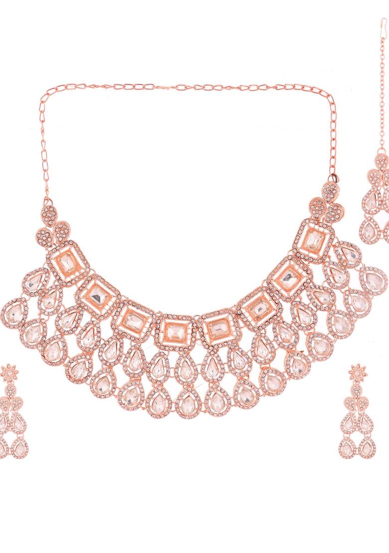 Rose Gold Plated Cz Studded Jewellery Set With Maang Tikka
