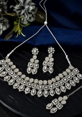 Silver Plated Ad Stone Studded Necklace With Earrings And Maang Tikka Set