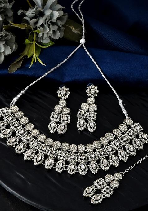 Silver Plated Ad Stone Studded Necklace With Earrings And Maang Tikka Set
