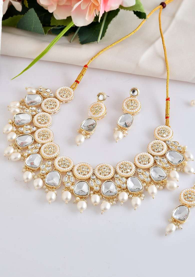 Gold Plated Artificial Beads And Stone Studded Necklace Set With Maang Tikka - Indya