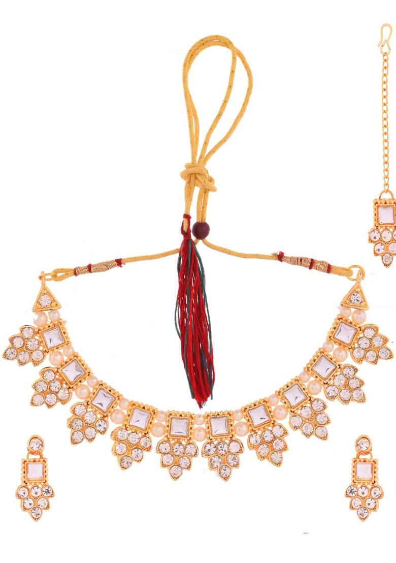Gold Plated Stone Studded Necklace Set With Maang Tikka