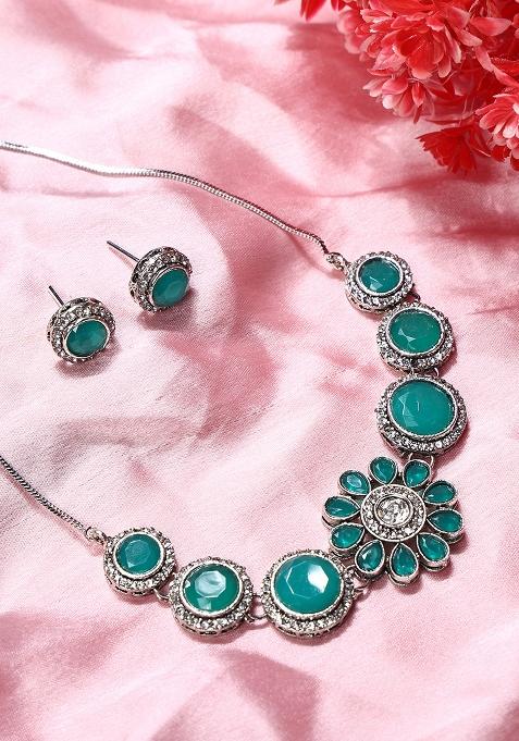 Green And Silver Alloy Necklace Sets