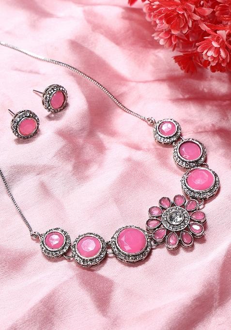 Pinkand Silver Alloy Necklace Sets