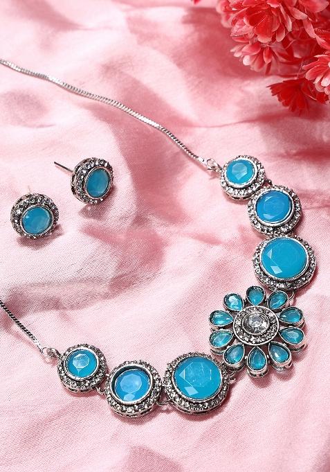 Sky Blueand Silver Alloy Necklace Sets