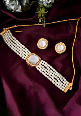 Elegant Pearl Kundan Choker Necklace Set With Matching Earrings – Traditional Bridal Jewellery - Indya