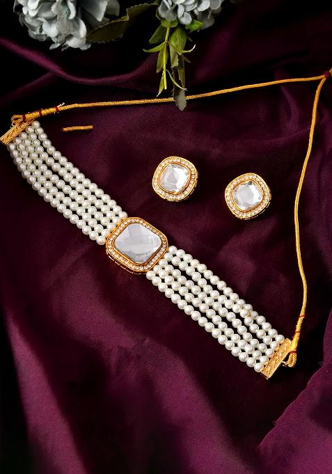 Elegant Pearl Kundan Choker Necklace Set With Matching Earrings – Traditional Bridal Jewellery