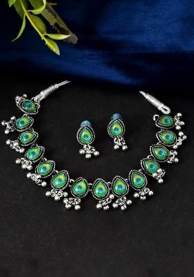 Oxidised Silver Peacock Feather Necklace With Matching Earrings Set