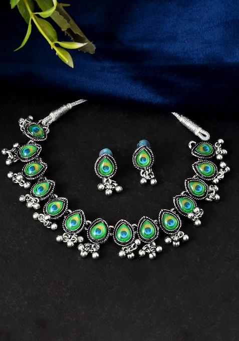 Oxidised Silver Peacock Feather Necklace With Matching Earrings Set