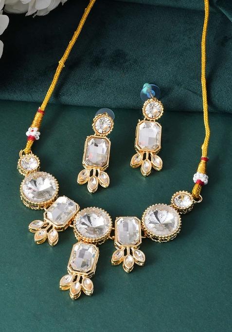 Gold And Plated Ad Stone Choker Necklace With Leaf Motif Detailing For Women