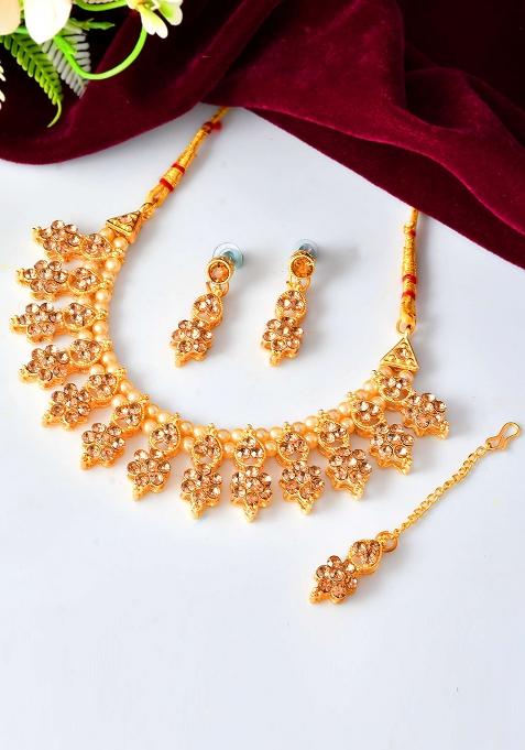 Traditional Golden Kundan Pearl Necklace With Antique Brown Stones – Festive And Bridal Wear

