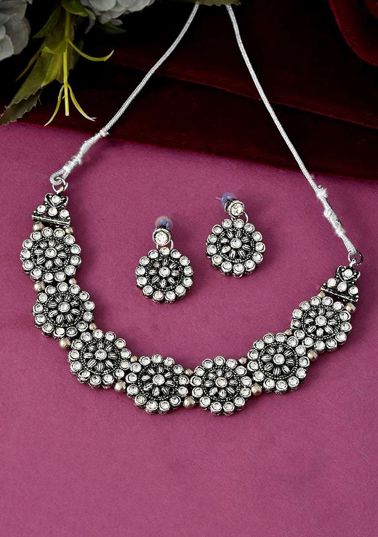 Oxidised Silver Floral Necklace – Tribal Choker For Ethnic And Fusion Wear

 - Indya