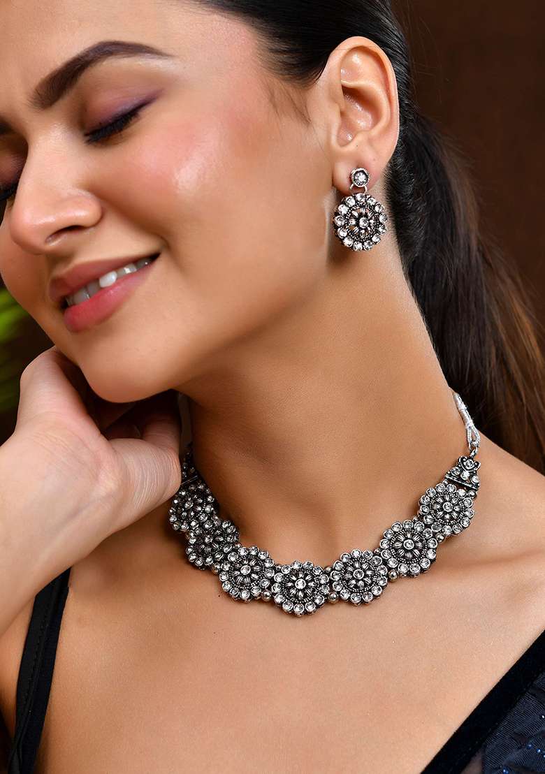 Oxidised Silver Floral Necklace – Tribal Choker For Ethnic And Fusion Wear

 - Indya
