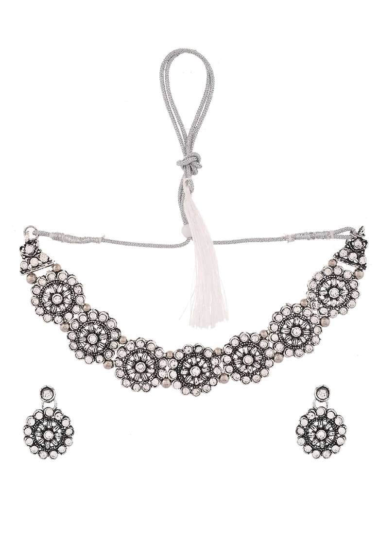 Oxidised Silver Floral Necklace – Tribal Choker For Ethnic And Fusion Wear

 - Indya