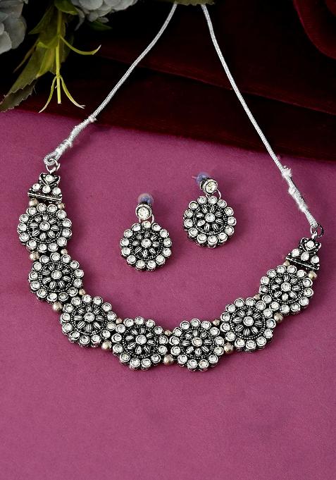 Oxidised Silver Floral Necklace – Tribal Choker For Ethnic And Fusion Wear


