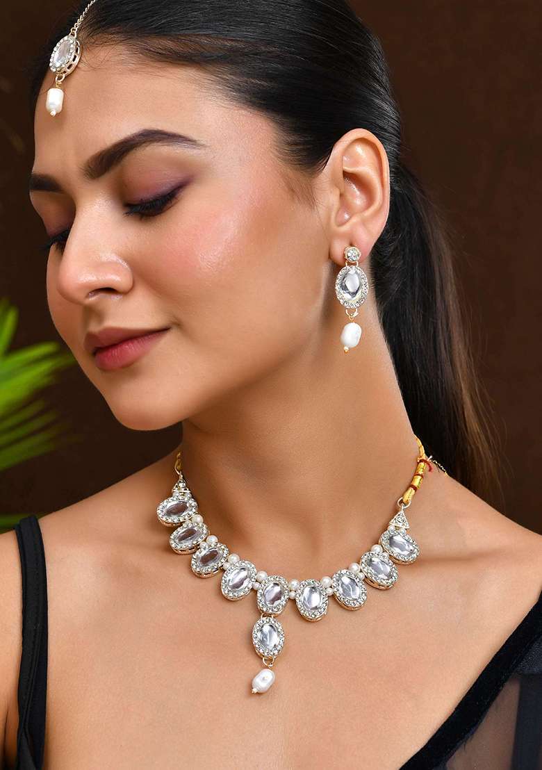 Elegant White Stone And Pearl Choker Necklace Set With Earrings 

 - Indya