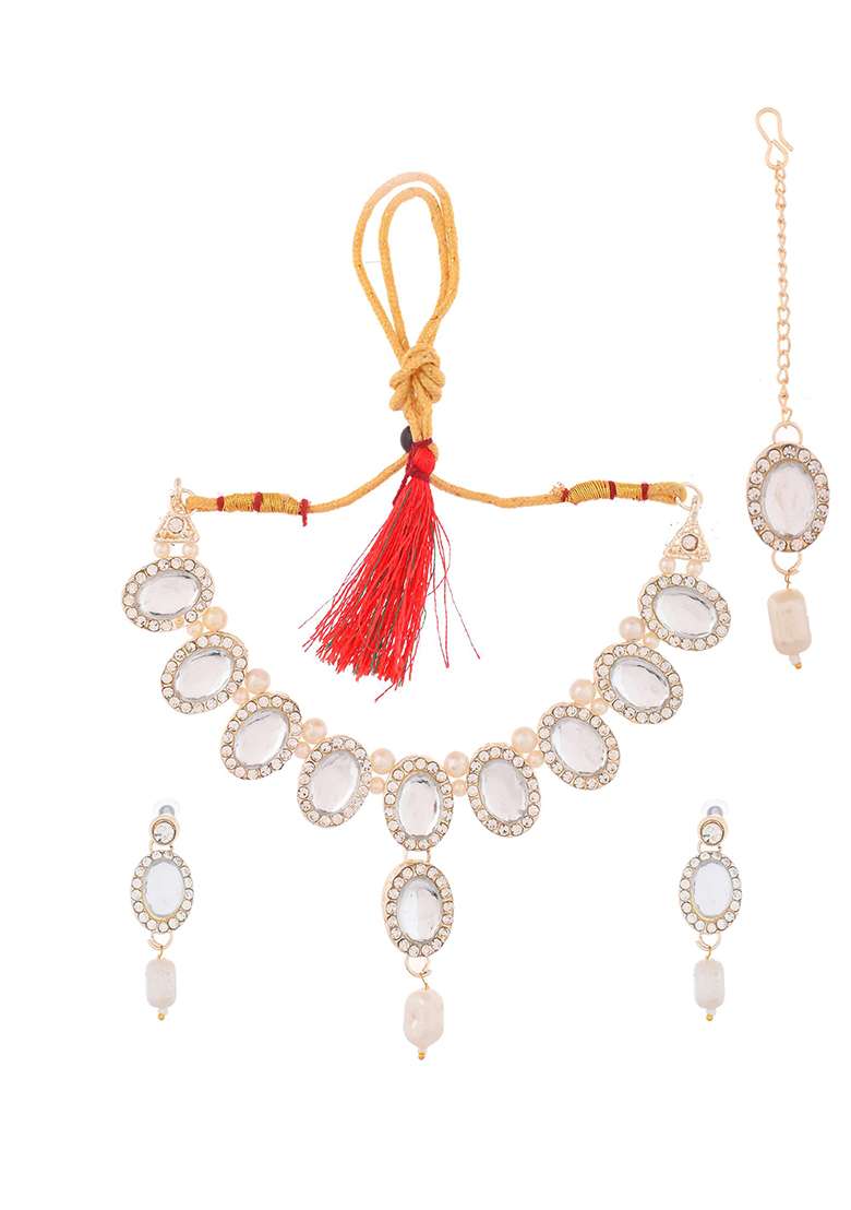Elegant White Stone And Pearl Choker Necklace Set With Earrings 

 - Indya