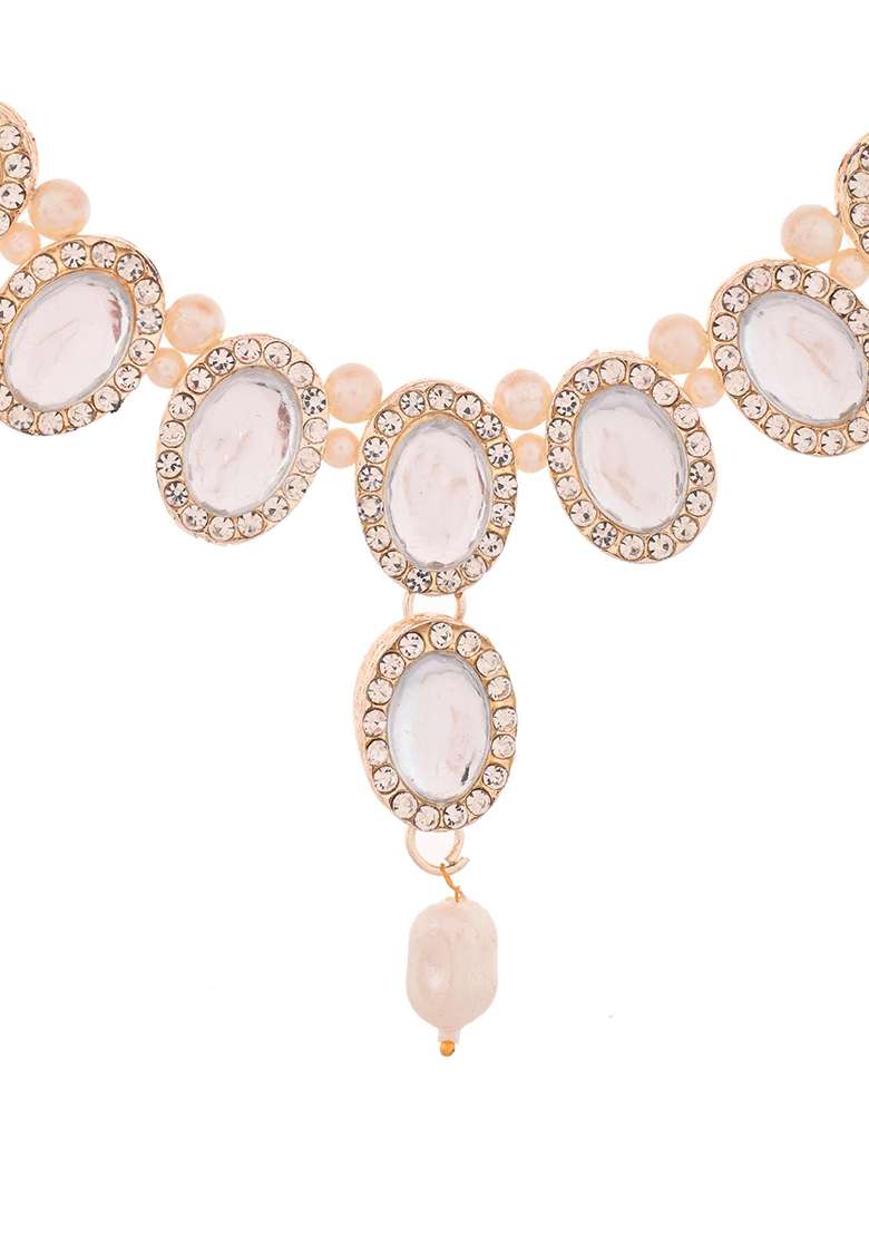 Elegant White Stone And Pearl Choker Necklace Set With Earrings 

 - Indya