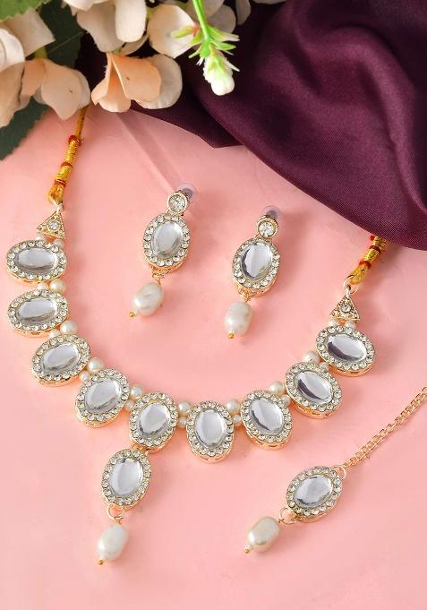 Elegant White Stone And Pearl Choker Necklace Set With Earrings 

