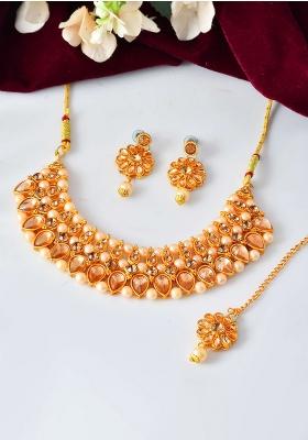 Gold And Plated Kundan And Style Choker Necklace Set With Pearls And Earrings – Ethnic Wedding Jewellery

