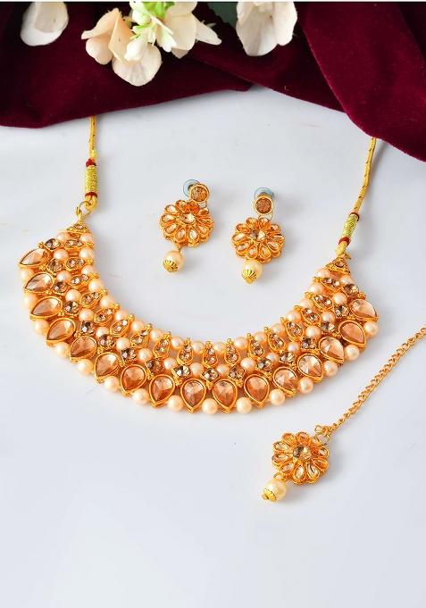 Gold And Plated Kundan And Style Choker Necklace Set With Pearls And Earrings – Ethnic Wedding Jewellery

