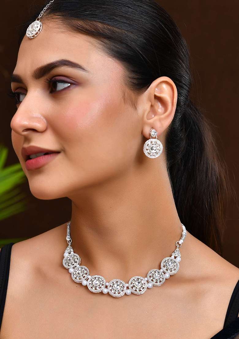 Silver And Plated Crystal And Embedded And Pearl Beaded Ethnic Jewellery Set

 - Indya