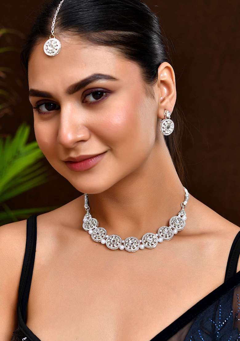 Silver And Plated Crystal And Embedded And Pearl Beaded Ethnic Jewellery Set

 - Indya