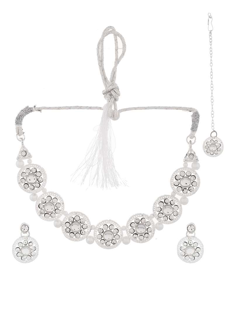 Silver And Plated Crystal And Embedded And Pearl Beaded Ethnic Jewellery Set

 - Indya