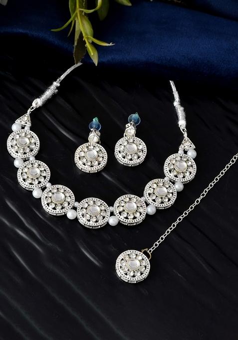 Silver And Plated Crystal And Embedded And Pearl Beaded Ethnic Jewellery Set

