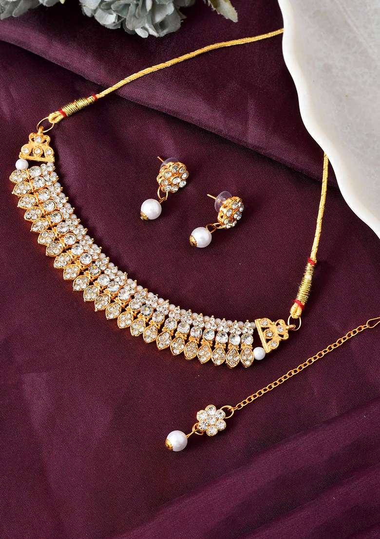 Gold And Plated American Diamond Studded And Beaded Choker Jewellery Set - Indya